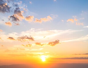 Obraz premium Sunset behind high-altitude clouds with blue sky and warm orange light, realistic AI-generated sky landscape