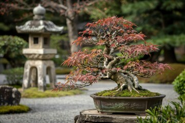 A photograph of a meticulously sculpted Japanese bonsai tree residing within the serene garden of the Imperial Palace in Tokyo, Japan