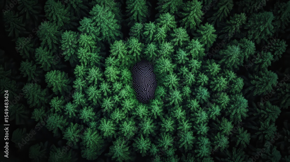 Aufkleber an intricate fingerprint pattern merges with a lush green forest, symbolizing the connection between
