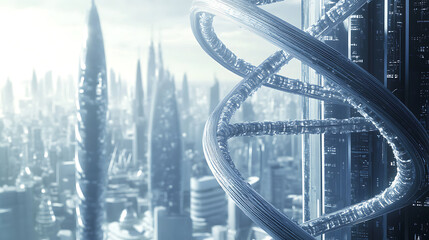 DNA Helix Overlooking a Futuristic Cityscape