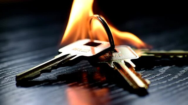 Close-up shot of a set of house keys on a keyring burning with intense fire on a dark textured surface
