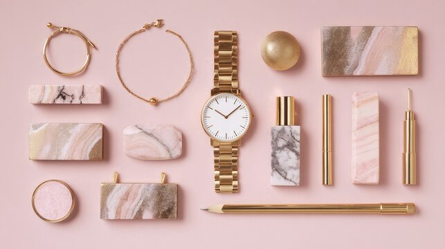 Elegant Luxury Accessories and Jewelry on Pink Background Featuring Gold Watch, Marble-Inspired Design, and Beauty Products for Stylish Women