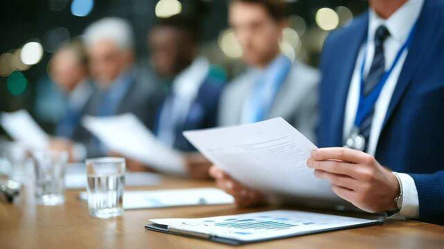Diverse medical staff intensely engaged in a morning briefing, folders and printed test results scattered on polished wooden table, low-angle perspective showing determined faces a