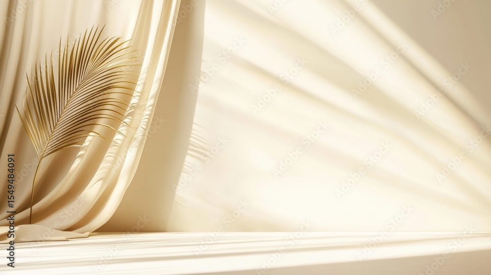 Poster a minimalistic beige backdrop with soft shadows and a single dried palm leaf, creating a warm, natur