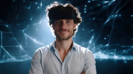 Cheerful young man in VR headset playing online game in virtual reality, driving imaginary car in neon light. millennial man using car simulator in cyberspace, collage