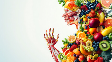 Anatomical Human Head and Hand Emerging from a Bounty of Fresh Fruits and Vegetables