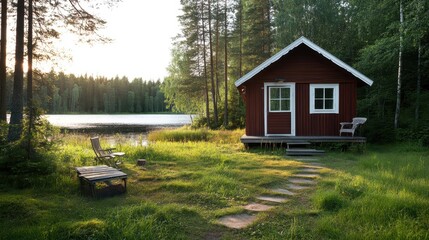 A quaint red wooden cottage bordered by tranquil waters and dense forests, inviting relaxation and a connection to nature, perfect for vacation and home concepts.