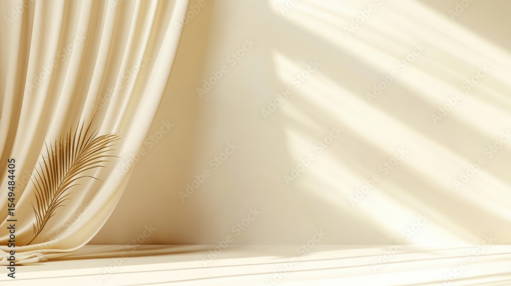 Poster soft cream-colored curtains with a delicate palm leaf casting a shadow, creating a calm and minimali