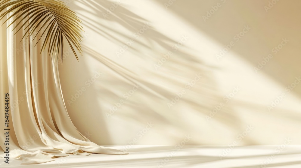 Poster a minimalist beige fabric backdrop with soft natural light and shadows of palm leaves creating a cal