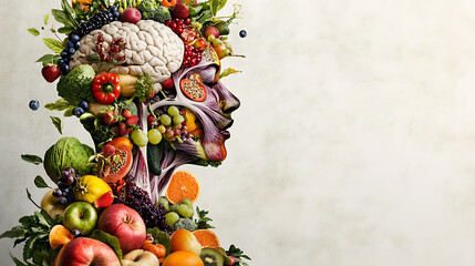 Artistic Profile of a Human Head Composed of Fresh Fruits and Vegetables