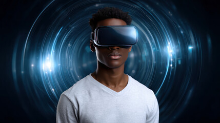 Cheerful young African American man in VR headset playing online game in virtual reality, driving imaginary car in neon light. Black millennial man using car simulator in cyberspace, collage