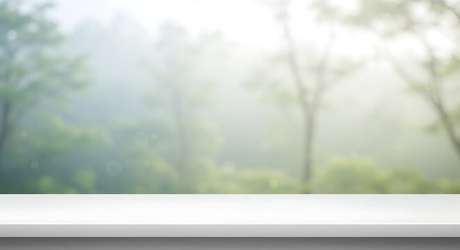 Serene misty forest scene backdrop with a clean white surface.