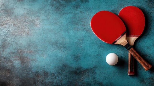 An inviting image featuring table tennis paddles and a ping pong ball, symbolizing leisure, sportsmanship, and the joy of playful competition in a colorful setting.