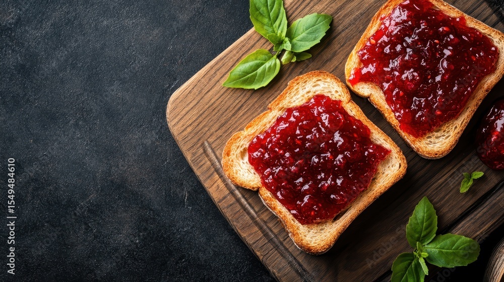 Poster this image features two slices of toasted bread generously topped with vibrant red jam, showcasing a