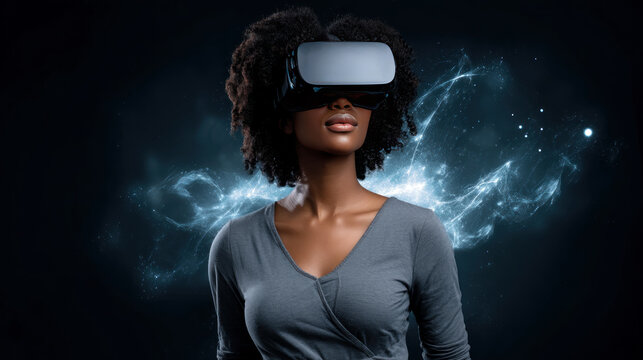 Cheery young african american lady in VR headset playing online game in virtual reality, driving imaginary car in neon light. Millennial black woman using auto simulator in cyberspace, collage