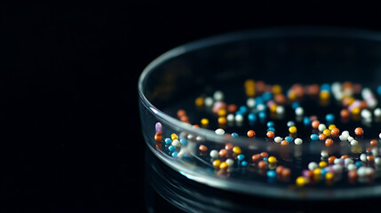 Colorful Microspheres in a Petri Dish Against a Dark Background