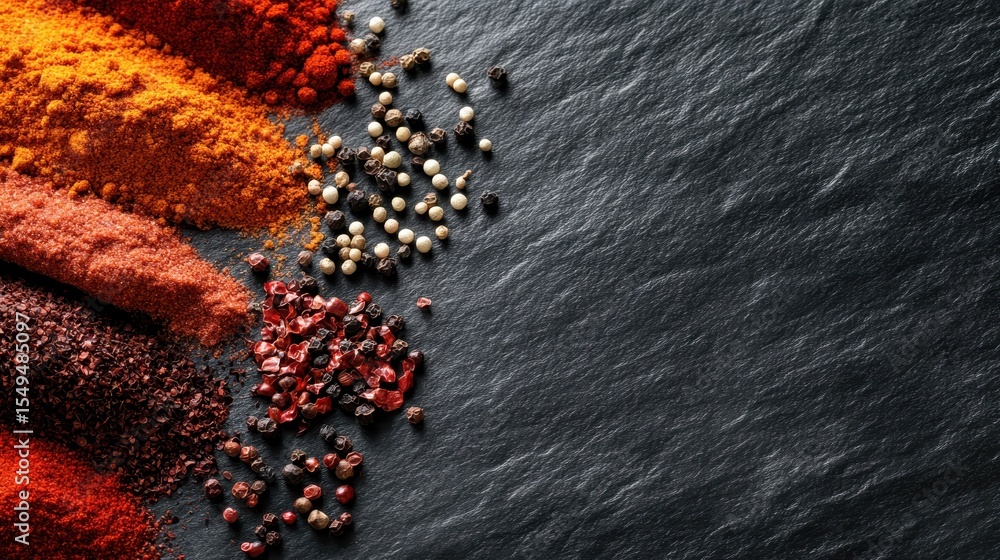 Aufkleber an array of colorful spices spread out on a dark slate background, showcasing the rich textures and 