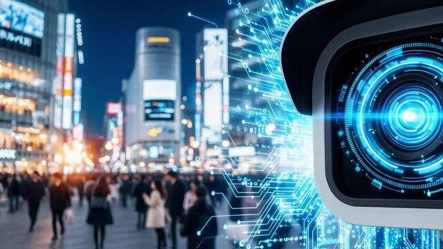 Cctv camera close-up with a digital interface overlay against a bustling city street at night, representing modern surveillance, public safety, or smart city technology applications