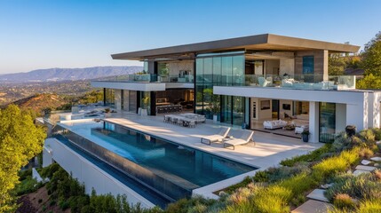 Fototapeta premium Modern Luxury Home with Infinity Pool Overlooking Scenic Mountains and Clear Blue Sky at Sunset