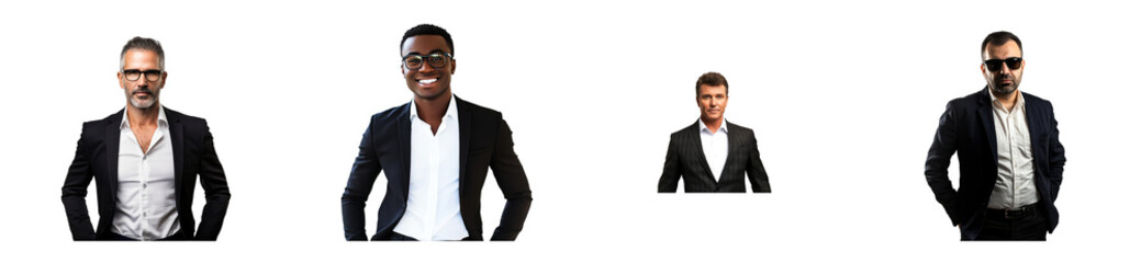 Diverse businessmen wearing suits, standing, cutout transparent
