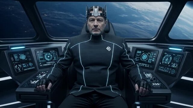 Majestic king or ruler in a futuristic crown and uniform sits on a spaceship bridge overlooking earth, representing science fiction, space opera, or intergalactic leadership themes