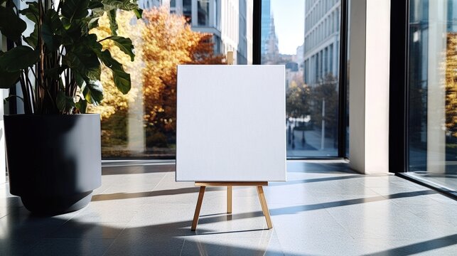 A blank canvas on an easel stands in a sunlit modern room with large windows and a potted plant, overlooking autumn trees and urban buildings outside.