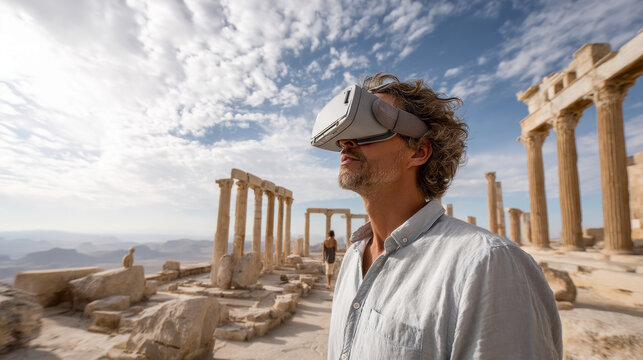 Cheerful young man in VR headset playing online game in virtual reality, driving imaginary car in neon light. millennial man using car simulator in cyberspace, collage