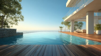 Fototapeta premium Serene Luxury Poolside View Overlooking the Horizon with Clear Blue Sky and Modern Architecture Surrounded by Lush Greenery and Tranquil Atmosphere