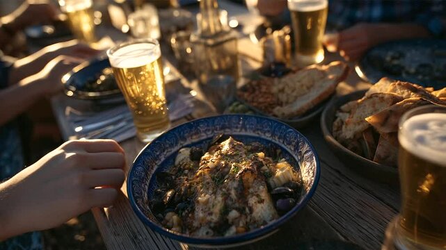 Overhead shot of a rustic table with frothy beer glasses, plates of snacks, surrounded by friends&rsquo; hands reaching in laughter, sun casting warm glow over a bustling beer garden par