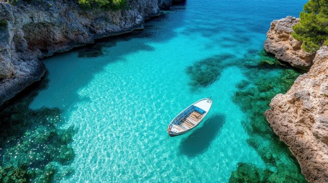 A scenic view of a boat resting on crystal-clear turquoise waters, framed by rocky cliffs, evoking a sense of tranquility and the allure of ocean adventures. - Powered by Adobe
