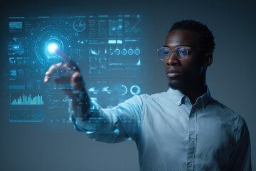 Young entrepreneur using futuristic interface hologram, data charts floating mid-air