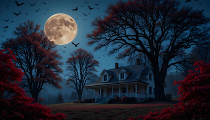 a terrible night with moon and bats/ old abandoned house 4k desktop wallpaper