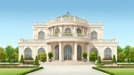 Obraz premium Elegant Classic Mansion Surrounded by Lush Greenery and Pristine Landscaping Under a Clear Blue Sky, Perfect for Luxury Real Estate or Architectural Designs