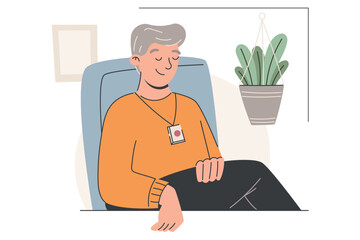 Vector flat illustration of a relaxed elderly man with pendant emergency button sitting in a chair. Ideal for senior care, health services, support system visuals, or retirement home promotion.