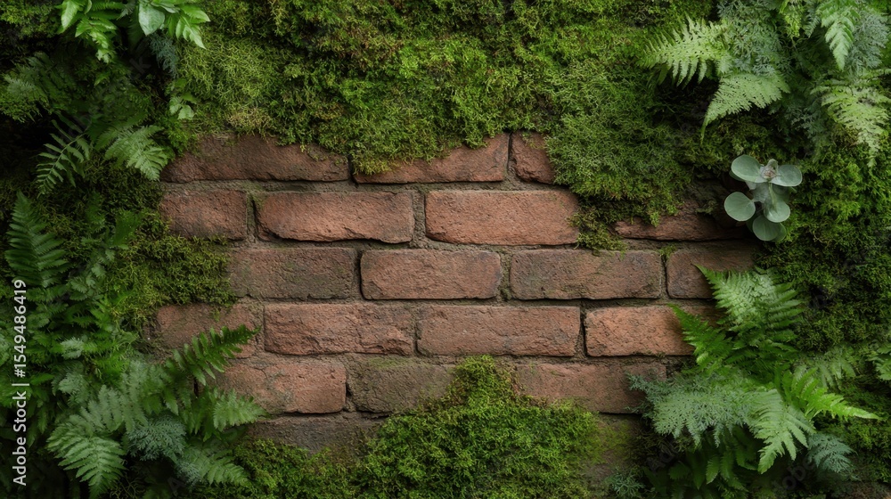 Poster a beautiful blend of vibrant greenery and textured brick, creating a calm and inviting backdrop that
