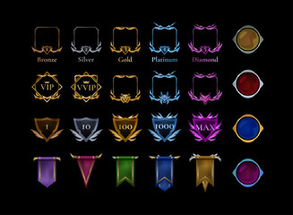 collection set of tier rank badge and border frame, with shield, banner flag, rounded shape in gold, silver, bronze, platinum, diamond and dragon tier