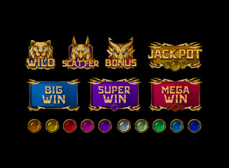 set of game slots with super win, jackpot, wild, scatter banner frame template in colorful golden ancient medieval theme