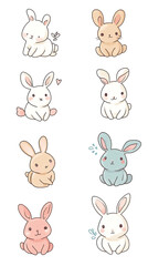 Cute cartoon rabbits in various pastel colors