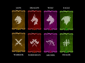 set of fantasy class and role with animal symbol in ancient medieval card style with color options