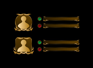 set of rounded and square fantasy ancient golden medieval game profile avatar frame with health bar