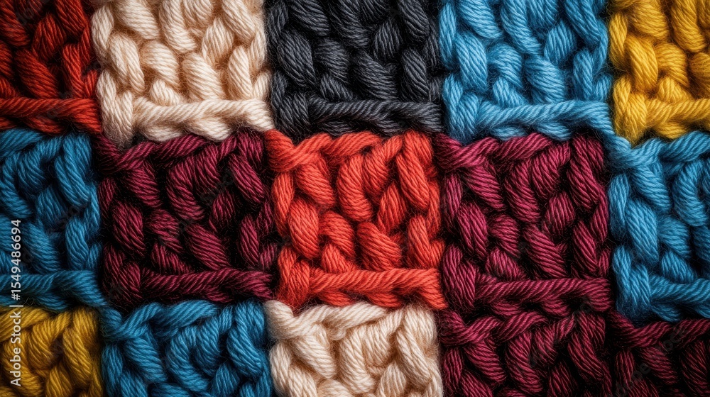 Poster a colorful patchwork of knitted blocks, showcasing various stitches and textures, creating a vibrant