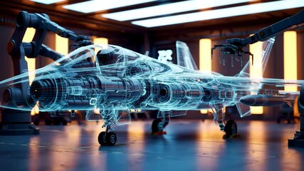 Wide shot of robotic arms assembling a glowing holographic wireframe model of a fighter jet in a futuristic factory - Powered by Adobe