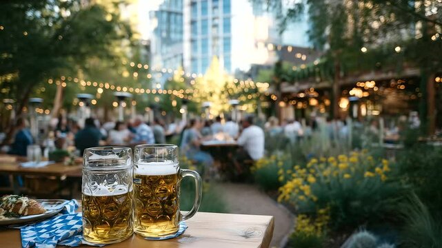 Bright daylight illuminates a lively beer garden filled with friends clinking glasses, wooden benches, fresh food on tables, soft background focus on other cheerful guests and gree