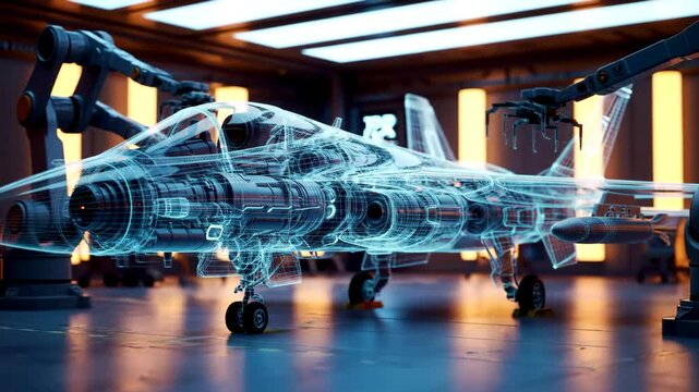 Wide shot of robotic arms assembling a glowing holographic wireframe model of a fighter jet in a futuristic factory