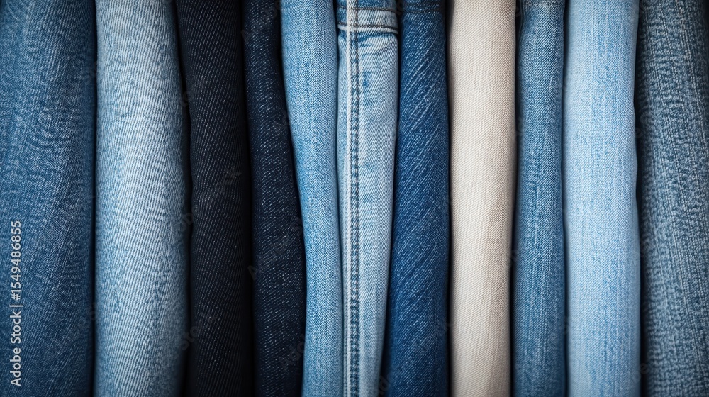 Poster an array of denim fabric textures in various shades, demonstrating the versatility of denim as a fas