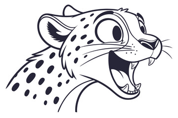 Line art cartoon leopard roars, revealing its teeth while looking to the side