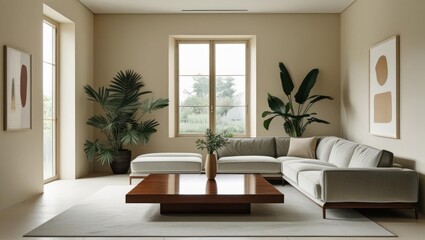 Fototapeta premium Beige living room with large windows and stylish furniture.