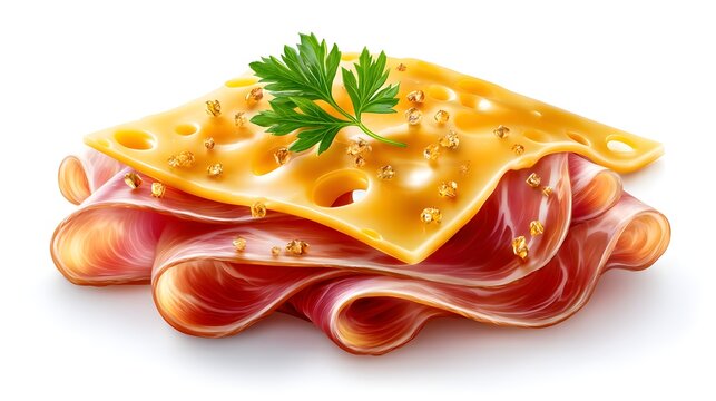 Delicate cheese and ham platter close up, realistic food presentation, dairy and meat snack for culinary advertising and cookbook or fine dining promotion isolated on white background.