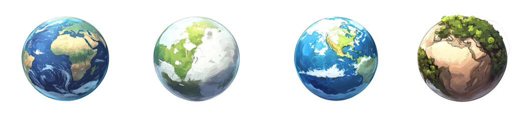 Fototapeta premium Four stylized Earth globes, depicting different seasonal or regional variations