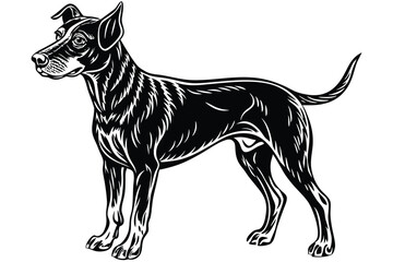 Dachshund stands elegantly with dense fur in this striking monochromatic woodcut rendition